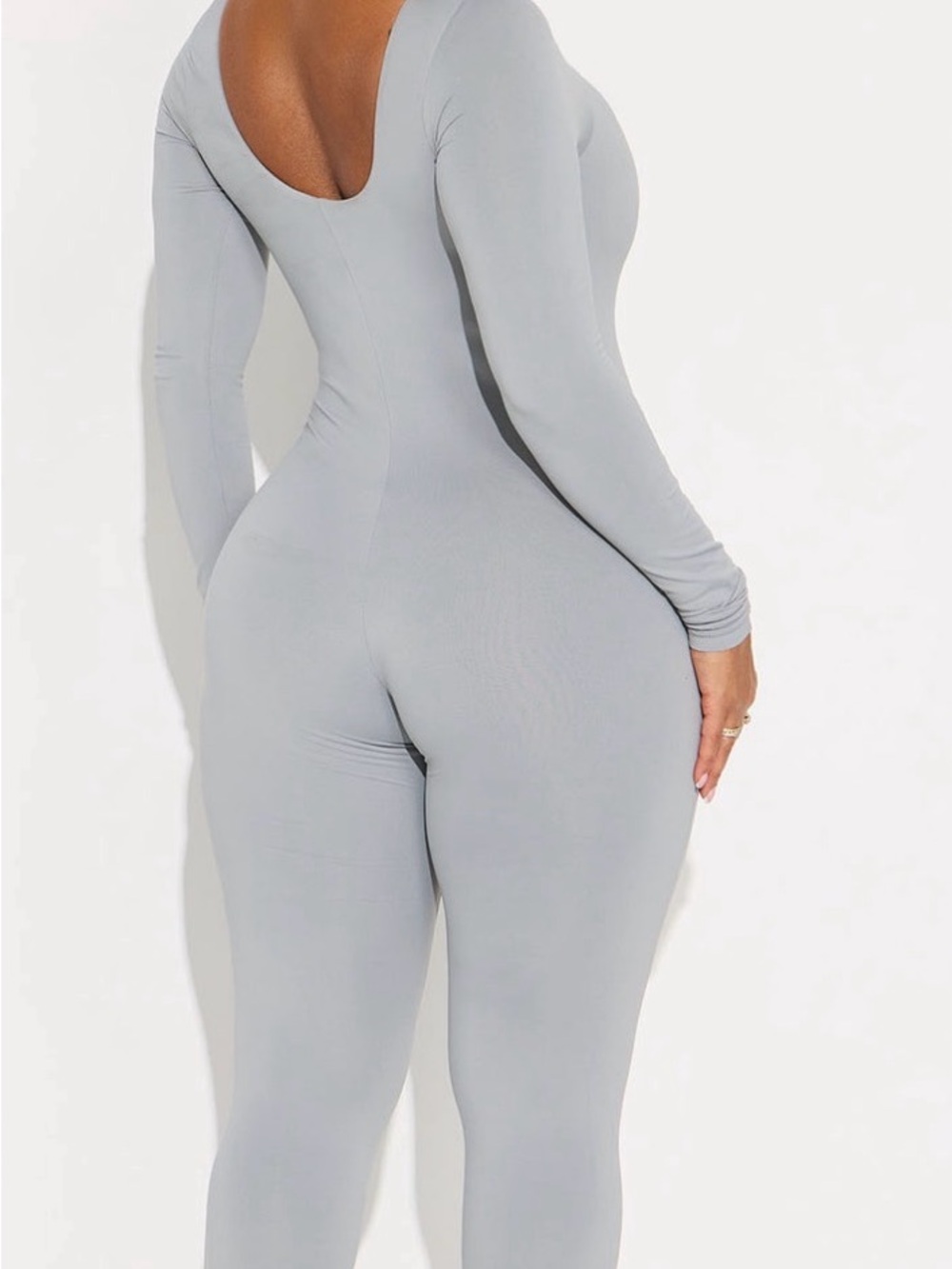 Fashion Nova Light Gray Long Sleeve Scoop Back Jumpsuit